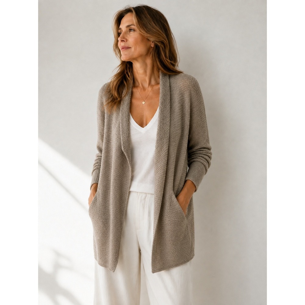 J. Jill Pure Cardigan Womens Large Petite Tan Open Front Pockets Minimalist Work